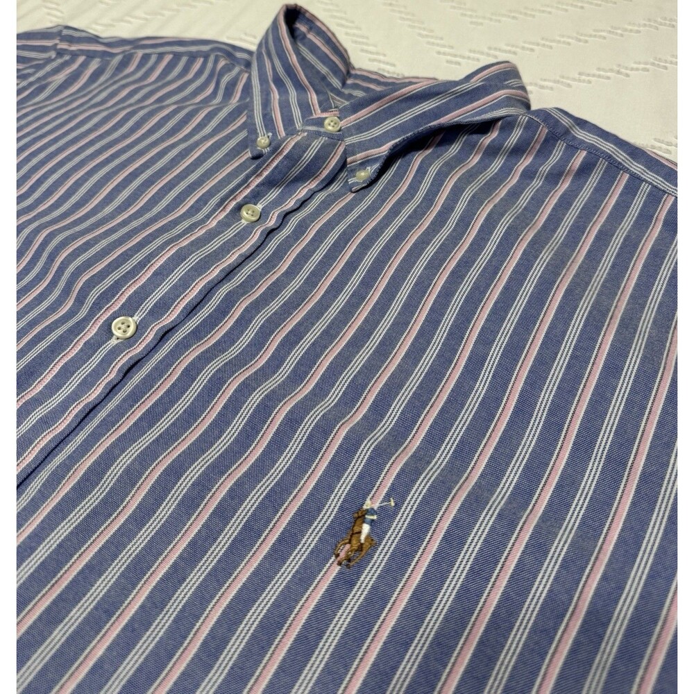 Polo Ralph Lauren Oxford Shirt Mens 2XLT Pink Blue Striped Long Sleeve Button Up